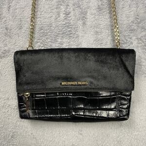 Michael Kors Cross-body Purse Black Calf Hair Crocodile Embossed Leather Punk